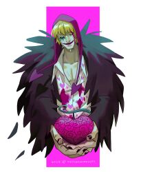 Rule 34 | 1boy, blonde hair, blood, blood on clothes, blood on face, coat, coat on shoulders, cropped torso, devil fruit, donquixote rocinante, facing viewer, fur coat, head tilt, heart, heart print, highres, holding, hood, incoming gift, keysandcrosses, long sleeves, makeup, male focus, one piece, pectoral cleavage, pectorals, pink coat, red hood, smile, solo, tears, tears from one eye