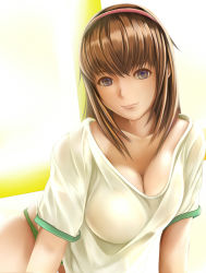 Rule 34 | 1girl, blue eyes, breasts, brown hair, cleavage, collarbone, dead or alive, green panties, hairband, hitomi (doa), large breasts, nannacy7, no pants, panties, shirt, smile, solo, t-shirt, tecmo, underwear