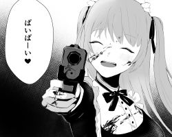Rule 34 | 1girl, ^ ^, absurdres, aiming, aiming at viewer, blood, blood on clothes, blood on face, blood on hands, blush, bolo tie, closed eyes, commentary request, frills, greyscale, gun, hair tie, heart, highres, long hair, maid, maid headdress, monochrome, open mouth, original, sh (sh1030f), smile, solo, spoken heart, teeth, translated, twintails, upper body, upper teeth only, weapon