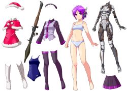 Rule 34 | 1girl, bare shoulders, barefoot, beret, black thighhighs, boots, full body, harisenbon, harisenbon (power-slide), hat, high-explosive anti-tank (warhead), kisekae, man-portable anti-tank systems, mechanical parts, navel, necktie, pom pom (cheerleading), pom pom (clothes), purple eyes, purple hair, robot ears, rocket-propelled grenade, rocket (projectile), rocket launcher, rpg, rpg-7, rpg (weapon), santa costume, santa hat, school swimsuit, short hair, skirt, swimsuit, thighhighs, transparent background, underwear, underwear only, utane uta, utau, weapon