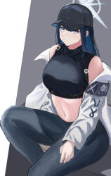 Rule 34 | 1girl, absurdres, bare shoulders, baseball cap, black hat, blue archive, blue eyes, blue hair, breasts, coat, commentary request, crop top, grey background, grey pants, hadari (eve future 00), hat, highres, large breasts, leggings, long hair, long sleeves, looking at viewer, midriff, navel, open clothes, open coat, pants, saori (blue archive), shirt, sitting, sleeveless, sleeveless shirt, solo, stomach, two-tone background, white background, white coat