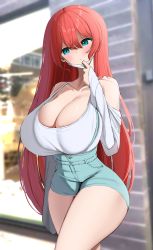 Rule 34 | 1girl, absurdres, aqua eyes, bare shoulders, blush, breasts, cleavage, commission, curvy, highres, huge breasts, large breasts, long hair, mask, mask pull, unworn mask, nicorima, original, pixiv commission, red hair, solo, standing, thick thighs, thighs