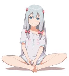 Rule 34 | 10s, 1girl, adrenaline!!!, bare shoulders, barefoot, blue eyes, blue hair, bow, butterfly sitting, clothes writing, eromanga sensei, feet, feet together, hair bow, indian style, izumi sagiri, krs (karasu), long hair, looking at viewer, off shoulder, pink bow, shirt, simple background, sitting, smile, solo, t-shirt, white background