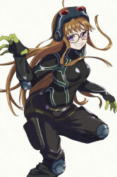 Rule 34 | 1girl, absurdres, ahoge, belt, black bodysuit, bodysuit, breasts, brown hair, floating hair, glasses, gloves, goggles, goggles on head, grin, hand up, highres, knee pads, long hair, looking at viewer, persona, persona 5, purple eyes, s-m-53413, sakura futaba, simple background, small breasts, smile, solo, teeth, very long hair, white background