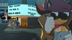Rule 34 | + +, 1girl, 3boys, amy rose, animal ears, beret, coat, ears through headwear, food, fox ears, fox tail, furry, furry female, furry male, gloves, hat, movie theater, multiple boys, multiple tails, outdoors, popcorn, shadow the hedgehog, sonic (series), sonic the hedgehog, sunglasses, tail, tails (sonic), trench coat, two tails, virtanderson, white gloves