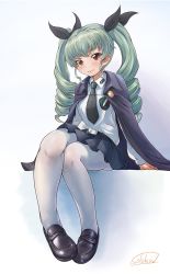 Rule 34 | 10s, 1girl, anchovy (girls und panzer), bad id, bad pixiv id, blush, cape, dress shirt, drill hair, full body, girls und panzer, green hair, hair ribbon, highres, loafers, long hair, looking at viewer, military, military uniform, necktie, pantyhose, red eyes, ribbon, school uniform, shirt, shoes, simple background, sitting, solo, solokov (okb-999), twin drills, twintails, uniform, white background, white pantyhose