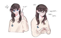 Rule 34 | 1girl, animification, brown hair, brown sweater, closed eyes, glasses, hair behind ear, head tilt, highres, k-pop, korean commentary, korean text, light frown, long hair, long sleeves, looking at viewer, luda (wjsn), multiple views, parted lips, pointing, pointing up, real life, round eyewear, saem (oo lu ), simple background, smile, sweatdrop, sweater, translation request, upper body, white background, wjsn