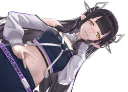 Rule 34 | 1girl, nanashi inc., absurdres, black hair, black skirt, black tube top, blush, breasts, commentary, cowboy shot, demon horns, grey jacket, hand on own cheek, hand on own face, highres, horns, jacket, kojo anna, long hair, long sleeves, looking at viewer, medium breasts, multicolored hair, navel, open mouth, pointy ears, purple hair, russian text, sankyo (821-scoville), shrug (clothing), simple background, skirt, smile, solo, strapless, sugar lyric, transparent background, tube top, twintails, two-tone hair, virtual youtuber, yellow eyes