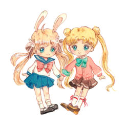 Rule 34 | 2girls, animal ears, bishoujo senshi sailor moon, blonde hair, blue sailor collar, rabbit hair ornament, carrie luk, cosplay, costume switch, crossover, double bun, dual persona, female focus, green eyes, hair bun, hair ornament, holding hands, long hair, look-alike, multiple girls, pleated skirt, rabbit ears, sailor collar, sailor moon, school uniform, serafuku, shironeko project, simple background, skirt, smile, sweater, trait connection, tsukimi (shironeko proect) (cosplay), tsukimi (shironeko project), tsukimi (shironeko project) (cosplay), tsukino usagi, tsukino usagi (cosplay), twintails, very long hair, white background