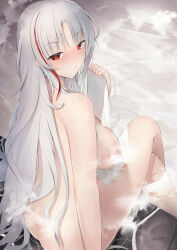 Rule 34 | 1girl, ass, azur lane, blush, breasts, crossed legs, from behind, highres, holding, holding towel, large breasts, legs, long hair, looking at viewer, looking back, multicolored hair, naked towel, nori aji, nude, onsen, red eyes, red hair, sitting, soles, solo, steam, tallinn (azur lane), thighs, towel, very long hair, white hair, white towel