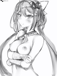 Rule 34 | 1girl, bad id, bad pixiv id, blush, bow, breasts, closed mouth, fingerless gloves, fingernails, gloves, greyscale, hair bow, hair ornament, highres, looking at viewer, medium breasts, monochrome, nanashi (nlo), nijisanji, nipples, nude, sakura ritsuki, simple background, smile, solo, twintails, virtual youtuber, white background