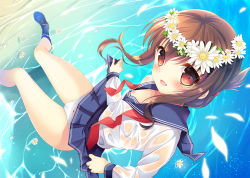 Rule 34 | 10s, 1girl, blue skirt, breasts, brown eyes, brown hair, cameltoe, clothes lift, flower, folded ponytail, head wreath, inazuma (kancolle), kantai collection, long hair, looking at viewer, nipples, no bra, open mouth, panties, petals, pleated skirt, school uniform, serafuku, sidelocks, skirt, skirt lift, small breasts, smile, solo, tanabe, underwear, untied, upskirt, water, white panties