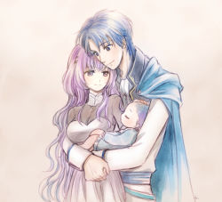 Rule 34 | 1girl, 2boys, baby, blue eyes, blue hair, breasts, cape, cleavage, cowboy shot, deirdre (fire emblem), dress, closed eyes, family, father and son, fire emblem, fire emblem: genealogy of the holy war, hira (otemoto84), hug, husband and wife, long hair, long sleeves, looking at another, medium breasts, mother and son, multiple boys, neckerchief, nintendo, purple background, purple eyes, purple hair, seliph (fire emblem), shirt, short hair, sigurd (fire emblem), simple background, sleeping, smile, wavy hair