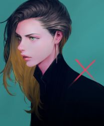 Rule 34 | 1girl, black shirt, blonde hair, blue background, forehead, from side, green eyes, highres, lips, long hair, nababa, nose, parted lips, profile, shirt, simple background, solo, upper body, x
