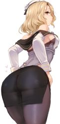 Rule 34 | 2girls, ass, black capelet, black legwear, blonde hair, breasts, brown serafuku, capelet, commentary request, corset, eyelashes, fairy (kancolle), flying sweatdrops, from behind, hand on own hip, headgear, houston (kancolle), kantai collection, looking back, medium breasts, miniskirt, multiple girls, open mouth, pantyhose, pencil skirt, school uniform, serafuku, short hair, side slit, simple background, skirt, solo focus, standing, utopia, wavy hair, white background, yellow eyes