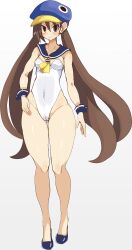 Rule 34 | 1girl, absurdres, blue footwear, blue hat, blue sailor collar, blue wrist cuffs, blush, breasts, brown eyes, brown hair, closed mouth, collarbone, commentary, covered navel, disgaea, dismania (xenoman), english commentary, flats, full body, hand on own hip, hat, highleg, highleg leotard, highres, kazamatsuri fuuka, leotard, long hair, looking at viewer, makai senki disgaea 4, medium breasts, mixed-language commentary, neckerchief, no socks, sailor collar, simple background, smile, solo, standing, twintails, very long hair, white background, white leotard, wrist cuffs, yellow neckerchief