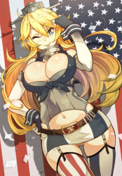 Rule 34 | 10s, 1girl, ;p, american flag, bad id, bad pixiv id, blonde hair, blue eyes, breasts, cleavage, dojikko pose, elbow gloves, garter straps, gloves, hair between eyes, hand on own hip, huge breasts, iowa (kancolle), kantai collection, large breasts, long hair, miniskirt, no panties, one eye closed, rozario (akai rosario), skirt, smile, solo, thighhighs, tongue, tongue out, zettai ryouiki