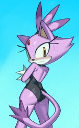 Rule 34 | 1girl, animal ears, black leotard, blaze the cat, blue background, blush, cat ears, cat girl, cat tail, fiinel, forehead jewel, from behind, furry, furry female, highres, leotard, looking back, ponytail, purple fur, sonic (series), sweatdrop, tail, yellow eyes