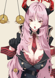 Rule 34 | 1girl, @ @, belt, black gloves, blue archive, breasts, buttons, cleavage, coin, coin on string, double-breasted, drooling, fang, gloves, halo, highres, horns, hypnosis, iwasaki takashi, large breasts, long hair, mind control, necktie, pink eyes, pink hair, satsuki (blue archive), simple background, solo, very long hair, yellow background