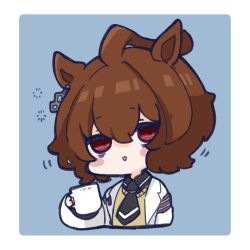 Rule 34 | 1girl, :&gt;, agnes tachyon (umamusume), ahoge, animal ears, black necktie, black shirt, blue background, blush stickers, brown hair, chibi, collared shirt, commentary, cropped torso, cup, hair between eyes, highres, holding, holding cup, horse ears, lab coat, mug, necktie, nozo (hitomiz), parted lips, red eyes, shirt, solo, sweater vest, symbol-only commentary, triangle mouth, two-tone background, umamusume, upper body, white background
