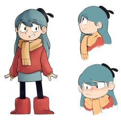 Rule 34 | 1girl, beret, black eyes, blue hair, blush, boots, child, crying, crying with eyes open, eyes visible through hair, female focus, han l21, hat, hilda, hilda (hilda), long hair, multiple views, pantyhose, profile, scarf, smile, solo, sweater, tears, teeth, white background