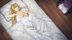 Rule 34 | 3girls, :3, absurdres, bed, breast pillow, breasts, brown hair, cuddling, elf, fern (sousou no frieren), frieren, from above, grey hair, headpat, heart, highres, large breasts, long hair, methode (sousou no frieren), multiple girls, nude, pointy ears, purple hair, qingmingtongzi, sousou no frieren, under covers, very long hair, yuri