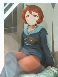 Rule 34 | 1girl, arezu (pokemon), arm support, brown bag, brown eyes, brown hair, closed mouth, collarbone, commentary, cowlick, creatures (company), crossed legs, game freak, gradient legwear, grey jacket, grey pantyhose, highres, itsudzumi, jacket, knees, long sleeves, nintendo, pantyhose, pantyhose under shorts, pokemon, pokemon legends: arceus, red pantyhose, shiny clothes, short hair, shorts, sitting, smile, solo, split mouth