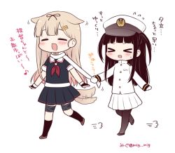 Rule 34 | &gt; &lt;, 10s, 2girls, :d, ^ ^, black gloves, black ribbon, black serafuku, black skirt, black socks, blonde hair, brown hair, brown legwear, closed eyes, commentary request, dog tail, female admiral (kancolle), fingerless gloves, flying sweatdrops, gloves, hair flaps, hair ornament, hair ribbon, hairclip, hat, kantai collection, kemonomimi mode, kneehighs, little girl admiral (kancolle), long hair, long sleeves, migu (migmig), military, military uniform, multiple girls, musical note, neckerchief, open mouth, pantyhose, peaked cap, pleated skirt, quaver, red neckerchief, remodel (kantai collection), ribbon, scarf, scarf grab, school uniform, serafuku, short sleeves, skirt, smile, socks, tail, tail wagging, translated, twitter username, two side up, uniform, white gloves, white scarf, white skirt, yuudachi (kancolle)