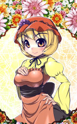 Rule 34 | 1girl, aki minoriko, apron, blonde hair, blush, breast suppress, breasts, choker, dress, eyebrows, face, female focus, floral background, flower, food, fruit, grapes, hand on another&#039;s chest, hand on own hip, hat, highres, hip focus, red eyes, ribbon, ribbon choker, short hair, smile, solo, tight clothes, touhou, umigarasu (kitsune1963)