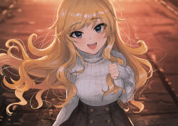 Rule 34 | 1girl, :d, arm at side, backlighting, black skirt, blonde hair, blue eyes, blush, breasts, day, grey sweater, hand on own chest, head tilt, highres, idolmaster, idolmaster cinderella girls, long hair, long sleeves, looking at viewer, medium breasts, ohtsuki yui, open mouth, outdoors, road, ryokucha manma, skirt, sleeves past wrists, smile, solo, street, sunlight, sweater, swept bangs, turtleneck, turtleneck sweater, upper body, very long hair, wavy hair