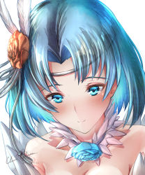 Rule 34 | 1girl, absurdres, bad id, bad pixiv id, blue eyes, blue flower, blue hair, blue rose, breasts, bride, choker, clear glass (mildmild1311), cleavage, dress, feather hair ornament, feathers, fire emblem, fire emblem heroes, flower, flower choker, hair flower, hair ornament, highres, looking at viewer, nintendo, orange flower, orange rose, rose, short hair, thea (fire emblem), wedding, wedding dress