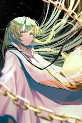 Rule 34 | 1other, absurdres, androgynous, black background, blurry, chain, chromatic aberration, closed eyes, depth of field, enkidu (fate), expressionless, fate/grand order, fate/strange fake, fate (series), floating hair, green hair, highres, light particles, long hair, looking at viewer, robe, solo, sunanogimo, very long hair, white robe, yellow eyes