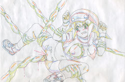 Rule 34 | 1girl, bike shorts, blonde hair, breasts, female focus, green eyes, hat, large hat, mega man (series), mega man legends, mega man legends (series), nipples, partially colored, red hat, roll caskett (mega man), solo, tagme, tentacles, vaginal