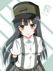 Rule 34 | 10s, 1girl, alternate hair length, alternate hairstyle, arare (kancolle), arm warmers, black hair, blush, brown eyes, character name, hanazome dotera, hat, kantai collection, long hair, looking at viewer, school uniform, serafuku, short sleeves, skirt, solo, striped, striped background, suspenders, twitter username
