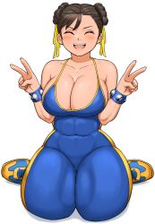 Rule 34 | 1girl, ^ ^, abs, blue unitard, blush, breasts, capcom, chun-li, cleavage, closed eyes, collarbone, covered navel, double bun, double v, earrings, closed eyes, fingernails, full body, hair ribbon, highres, jewelry, large breasts, official alternate costume, on ground, ribbon, shigenobu, sitting, skin tight, smile, solo, spaghetti strap, street fighter, street fighter zero (series), stud earrings, studded bracelet, teeth, thick thighs, thighs, unitard, upper teeth only, v, wariza, white background, yellow footwear