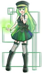 Rule 34 | 1girl, alina gray, black bow, black footwear, black hat, black vest, blunt ends, blush, bow, chain, collar, cube, detached collar, fishnet thighhighs, fishnets, fold-over boots, full body, fur-trimmed thighhighs, fur cuffs, fur trim, gem, green eyes, green gemstone, green hair, hair between eyes, hand to own mouth, hat, highres, long hair, looking at viewer, magia record: mahou shoujo madoka magica gaiden, magical girl, mahou shoujo madoka magica, multicolored clothes, multicolored hair, multicolored skirt, open mouth, peaked cap, pleated skirt, puffy short sleeves, puffy sleeves, satoimo 8855, short sleeves, sidelocks, skirt, smile, solo, standing, straight hair, streaked hair, striped clothes, striped skirt, thighhighs, v-neck, vertical-striped clothes, vertical-striped skirt, vest, waist bow, white collar