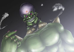 Rule 34 | 1boy, abs, beard, biceps, black hair, choker, colored sclera, colored skin, digimon, digimon (creature), earrings, facial hair, floating hair, genie, giant, green skin, grin, highres, jewelry, lampmon, male focus, manly, muscular, mustache, nail polish, no humans, pectorals, pointy ears, red eyes, red sclera, ring, shaded face, sharp teeth, smile, smoke, solo, spikes, tako kagerou, teeth, topless male, turban, yellow eyes