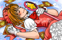 Rule 34 | 1990s (style), 1girl, brown hair, card, cardcaptor sakura, closed eyes, clow card, dress, frilled dress, frills, glove bow, gloves, hat, hoshi no tsue, kinomoto sakura, lying, magical girl, on back, petals, petticoat, pink hat, quistal, retro artstyle, ripples, smile, solo, wand, white gloves
