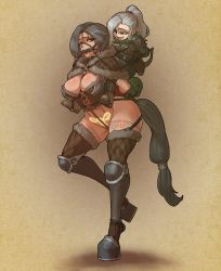 Rule 34 | 2girls, absurdres, adventurer, anal tail, ankle strap, armor, arms behind back, arrow (projectile), bdsm, beige background, between breasts, bit gag, bob cut, bondage, boots, bound, bow (weapon), breast armor, breasts, carrying, carrying person, cloak, collar, crotch rope, dwarf, elbow pads, eyebrows, eyelashes, fake tail, fur trim, gag, gagged, gloves, gradient background, greaves, green cloak, green eyes, grey hair, harness, harness gag, head harness, height difference, highres, hoof shoes, horse girl, horse tail, knee pads, leg armor, legs, lips, long eyelashes, mature female, mole, mole on arm, mole on breast, mole on thigh, mole under mouth, muhut, multiple girls, muscular, muscular female, open mouth, original, piggyback, pointy ears, pony play, ponytail, pouch, pubic tattoo, quiver, reins, restrained, riding, rolled up, scuff marks, shadow, shawl, short hair, shoulder armor, shoulder pads, side bangs, sitting, sitting on person, size difference, slave, smaller dominant, smile, smug, standing, standing on one leg, stirrups (riding), strap, strap between breasts, sweatdrop, tail, tail ornament, tall, tall female, tattoo, arm tattoo, tattoo on thigh, thigh strap, thighhighs, weapon, yellow eyes