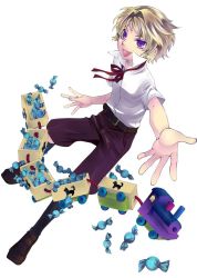 Rule 34 | 1boy, belt, black footwear, black pants, blonde hair, candy, endou minari, full body, looking at viewer, male focus, open mouth, outstretched hand, pants, purple eyes, shirt, shoes, solo, uchuujin no shiwaza desu, white background, white shirt, wrapped candy