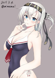 Rule 34 | 1girl, ahoge, alternate costume, anchor print, black headband, blue eyes, blue one-piece swimsuit, blush, breasts, clothes writing, cowboy shot, dated, from side, grey background, hachimaki, hair between eyes, hair flaps, halterneck, hand on own hip, headband, highres, kantai collection, large breasts, long hair, mimamui, neckerchief, one-piece swimsuit, one side up, red neckerchief, silver hair, simple background, solo, standing, suzutsuki (kancolle), swimsuit