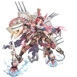 Rule 34 | aircraft, aircraft catapult, airplane, anchor, banner, boots, cannon, cape, chain, elbow sleeve, goggles, goggles on head, head wings, holding, holding chain, holding weapon, knee pads, mecha musume, north carolina (warship girls r), pantyhose, radar dish, range finder, red eyes, red hair, simple background, tagme, tomahawk, torn cape, torn clothes, torn legwear, transparent background, turret, warship girls r, weapon, white hair, wings