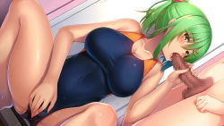Rule 34 | 1boy, 1girl, bad id, bad pixiv id, blush, breasts, censored, cleavage, collarbone, competition swimsuit, dutch angle, fellatio, green hair, hair ornament, hair scrunchie, handjob, hatachi, hetero, large breasts, mosaic censoring, one-piece swimsuit, oral, original, penis, ponytail, scrunchie, short hair, squatting, swimsuit, wet, yellow eyes