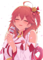 Rule 34 | ahoge, bare shoulders, bell, blush, breasts, closed eyes, detached sleeves, frills, hair bell, hair ornament, hair over shoulder, hairclip, hakui ami, highres, holding, holding microphone, hololive, long hair, microphone, one side up, petals, pink hair, sakura miko, sakura miko (1st costume), solo, upper body, virtual youtuber