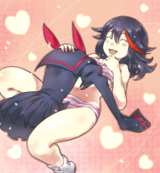 Rule 34 | 10s, 1girl, :d, ^ ^, blush, bra, closed eyes, fang, gedou (ge ge gedou), headpat, heart, kill la kill, living clothes, lying, matoi ryuuko, on back, open mouth, panties, senketsu, shoes, smile, sneakers, striped bra, striped clothes, striped panties, underwear, underwear only, unworn clothes