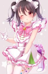 Rule 34 | 10s, 1girl, ;o, bad id, bad twitter id, black hair, blush, bow, bowtie, brooch, character name, clothes writing, commentary request, dress, frilled gloves, frills, gloves, grey background, hair bow, high heels, highres, inactive account, jewelry, kneeling, looking at viewer, love live!, love live! school idol festival, love live! school idol project, m/, medium hair, nico nico nii, one eye closed, parted lips, pink bow, pink bowtie, print thighhighs, red eyes, shuga (0329tixi), solo, sparkle, star (symbol), star print, thighhighs, twintails, white bow, white gloves, white thighhighs, wings, wink, yazawa nico