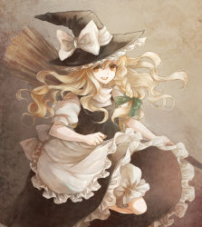 Rule 34 | 1girl, apron, awa toka, black dress, blonde hair, bloomers, bow, braid, broom, dress, hat, hat bow, kirisame marisa, looking at viewer, open mouth, puffy short sleeves, puffy sleeves, shirt, short sleeves, single braid, smile, solo, touhou, underwear, waist apron, witch hat, yellow eyes
