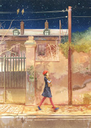 Rule 34 | 1girl, bag, beret, bird, blue dress, blue footwear, brown hair, closed mouth, commentary request, dress, from side, gate, gemi, groceries, grocery bag, hat, holding, house, layered sleeves, long sleeves, looking afar, night, night sky, original, outdoors, pantyhose, pavement, plant, profile, red hat, red pantyhose, road, scenery, shoes, shopping bag, short over long sleeves, short sleeves, sky, solo, standing, star (sky), starry sky, street, utility pole, walking, wall, window