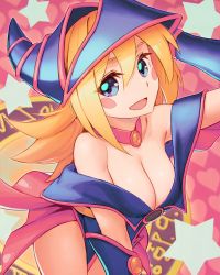 Rule 34 | 1girl, bare shoulders, blonde hair, blue eyes, blush, blush stickers, breasts, cleavage, dark magician girl, duel monster, hat, large breasts, long hair, looking at viewer, open mouth, pentacle, pentagram, rotix, smile, solo, star (symbol), wizard hat, yu-gi-oh!, yu-gi-oh! duel monsters