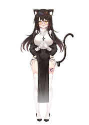 Rule 34 | 1girl, :d, absurdres, animal ear fluff, animal ears, black-framed eyewear, black dress, black hair, blush, breasts, cat, cat ears, cat tail, unworn collar, covered navel, cross, cross earrings, cross necklace, dress, earrings, extra ears, full body, garter belt, glasses, gloves, hecha (01964237), high heels, highres, jewelry, large breasts, long hair, long sleeves, looking at viewer, mole, mole under eye, necklace, open mouth, original, own hands together, pelvic curtain, puffy long sleeves, puffy sleeves, semi-rimless eyewear, skindentation, smile, solo, standing, tail, thigh strap, thighhighs, under-rim eyewear, white footwear, white gloves, white thighhighs, yellow eyes